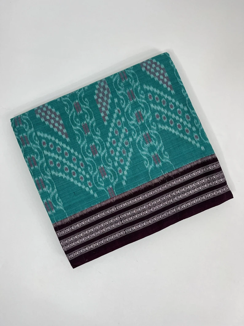 Turquoise color hand made pure cotton Orissi ikat saree1