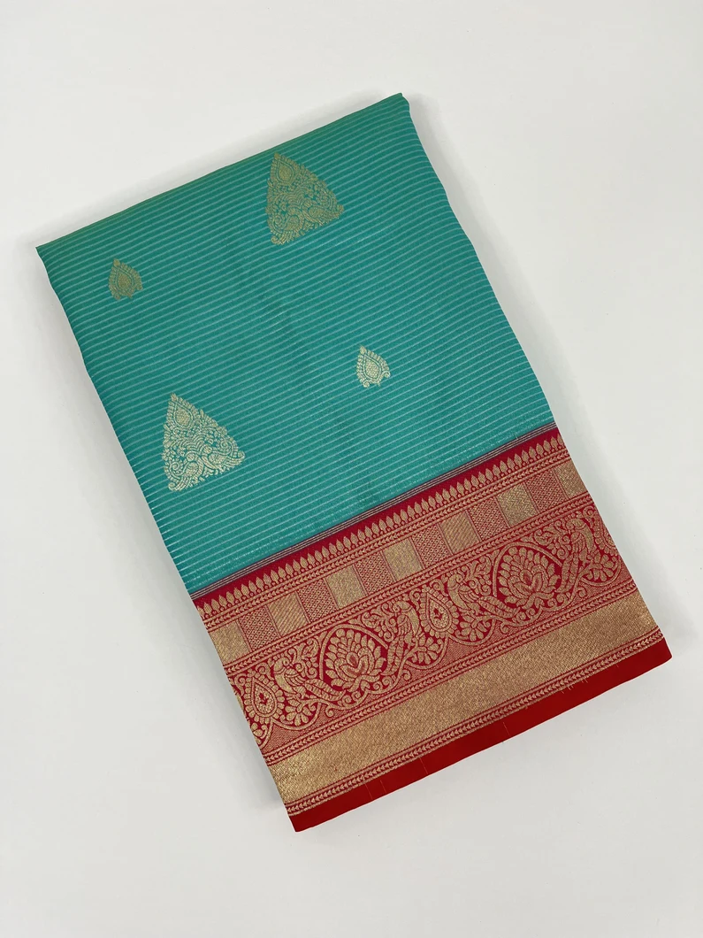 Turquoise blue color Vairosi Kanjivaram silk saree1