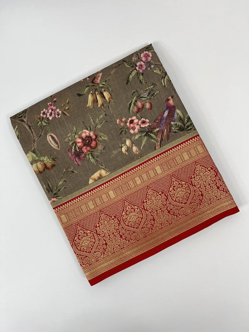 Light Brown color printed Kanjivaram silk saree1