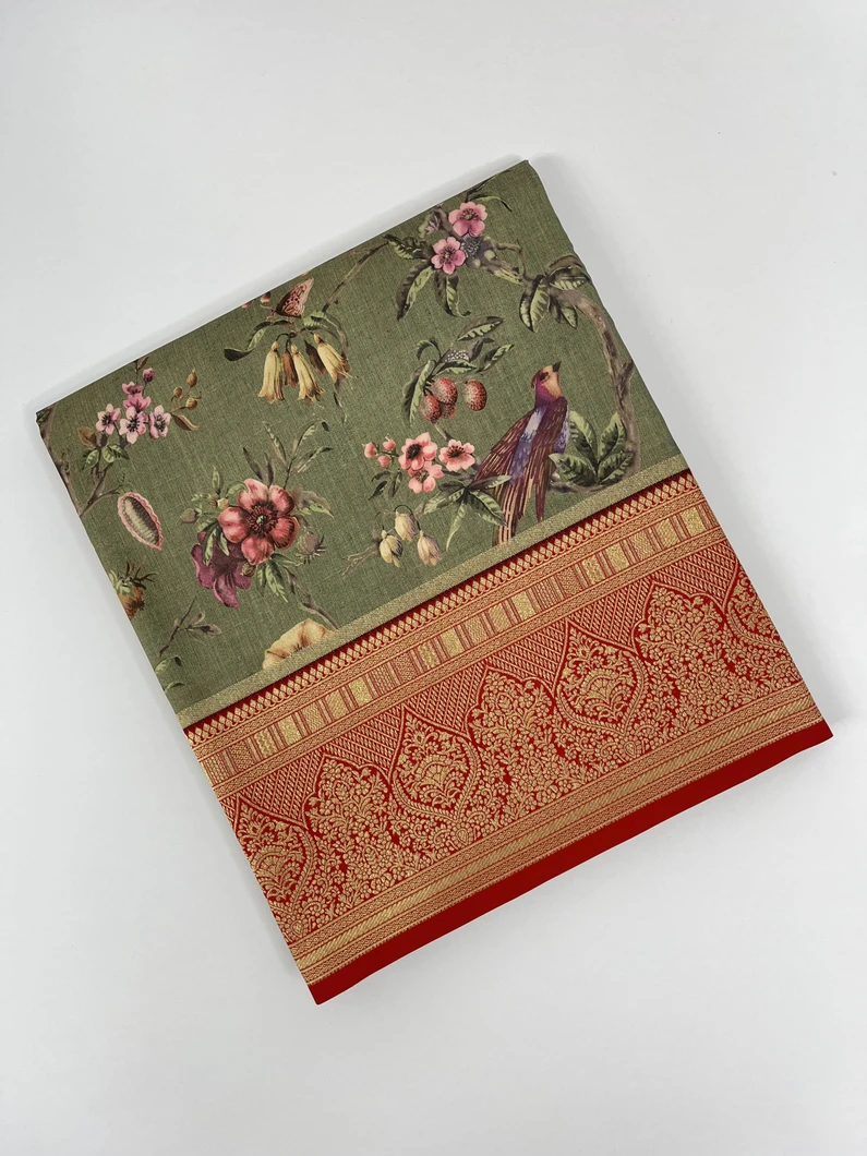 Olive green color printed Kanjivaram silk saree1