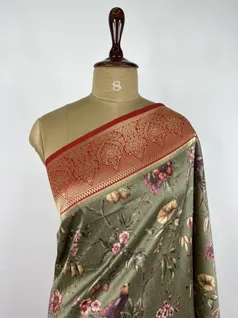 Olive green color printed Kanjivaram silk saree3