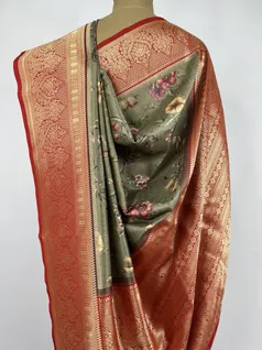 Olive green color printed Kanjivaram silk saree4