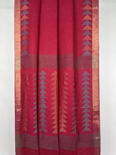 Tomato Red color Pure Linen Jamdani saree2