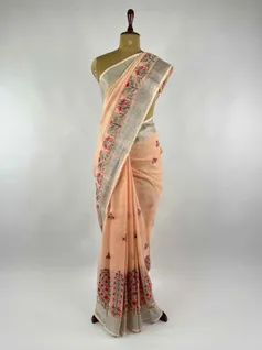 PEACH COLOUR, LINEN EMBROIDERY SAREE2