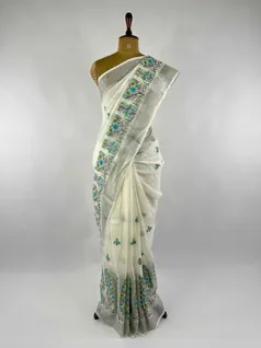 WHITE COLOUR LINEN EMBROIDERY SAREE2