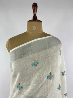 WHITE COLOUR LINEN EMBROIDERY SAREE3