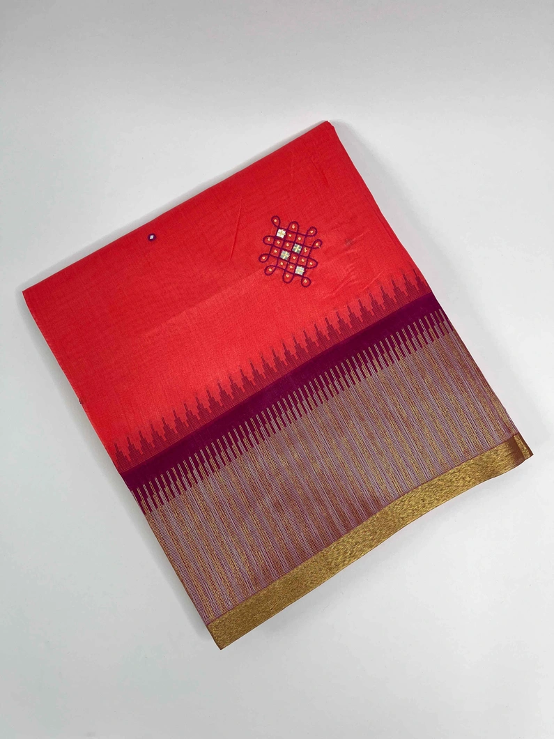 TOMATO RED COLOUR CHAMPA SILK EMBROIDERY SAREE1