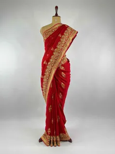 RED COLOUR KHADDI GEORGETTE EMBROIDERY SAREE2