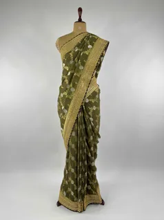 DARK OLIVE COLOUR KHADDI GEORGETTE SAREE2