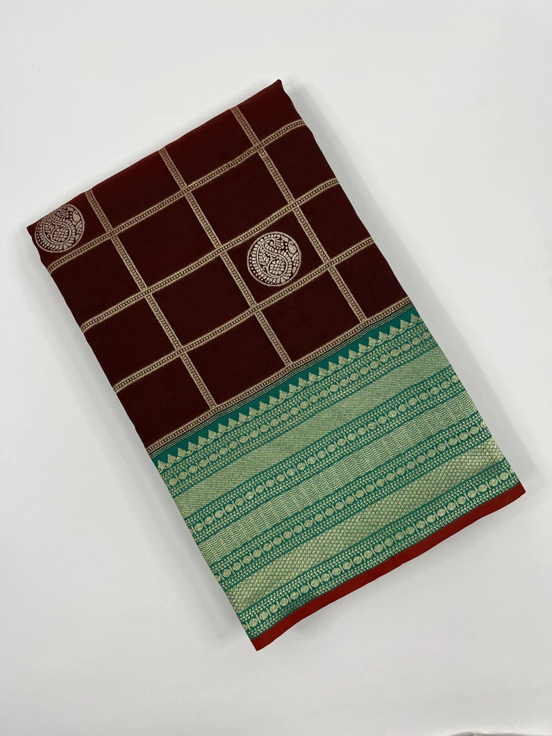 Chocolate color checker kanjivaram silk saree1