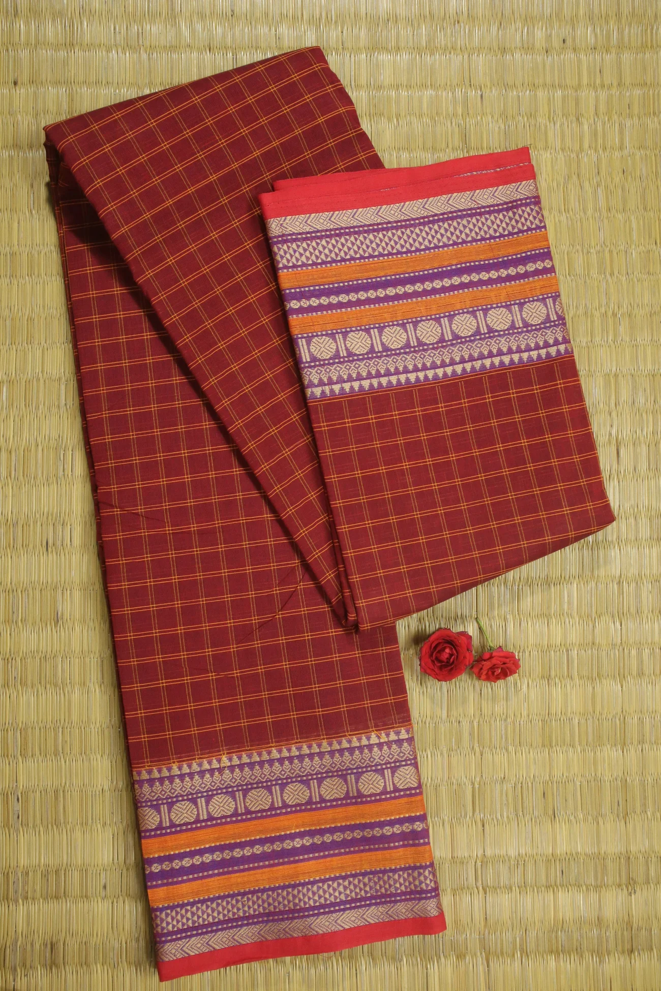 maroon-peacock-ruthratcham-traditional-chettinad-checked-saree-ck002388-a