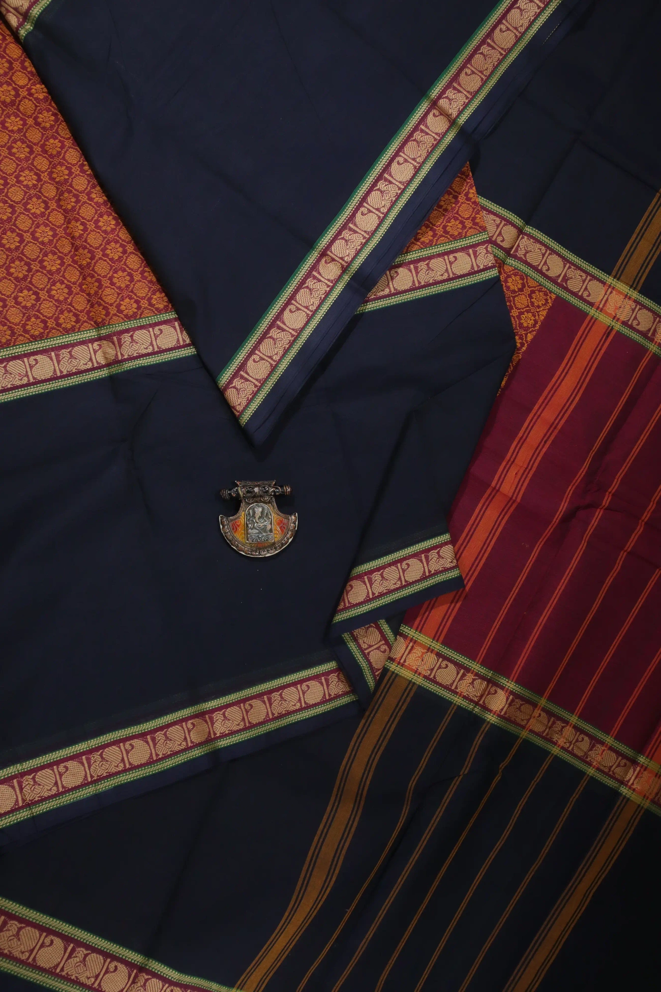 maroon-midnight-blue-muppagam-three-part-flower-kanchi-cotton-saree-uu005234-a