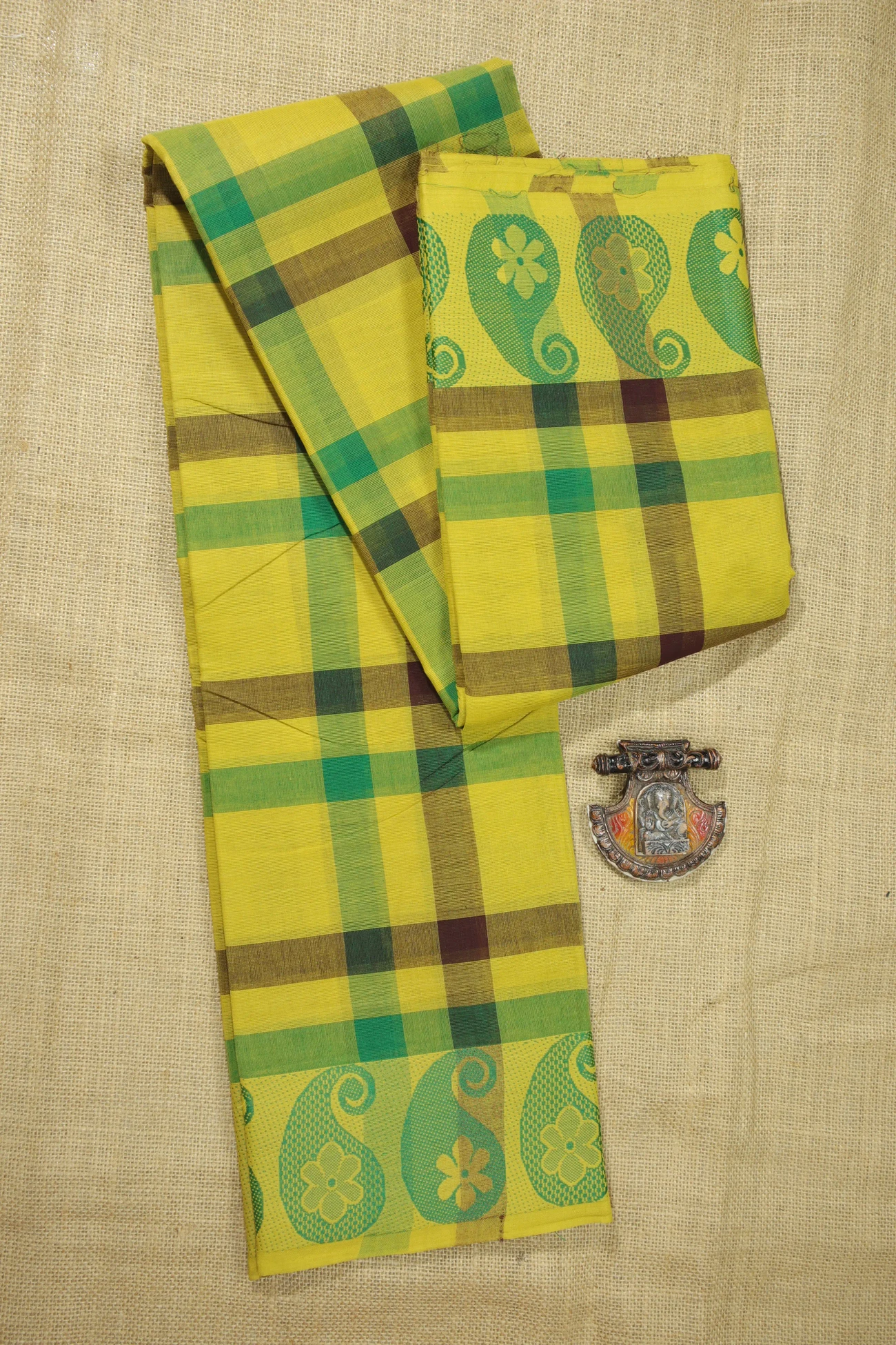 yellow-green-mango-flower-checked-saree-ck002558-a