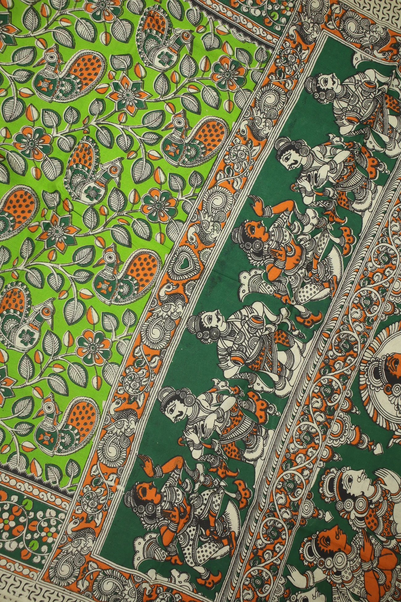 green-peacock-flower-kalamkari-saree-kk001250-b