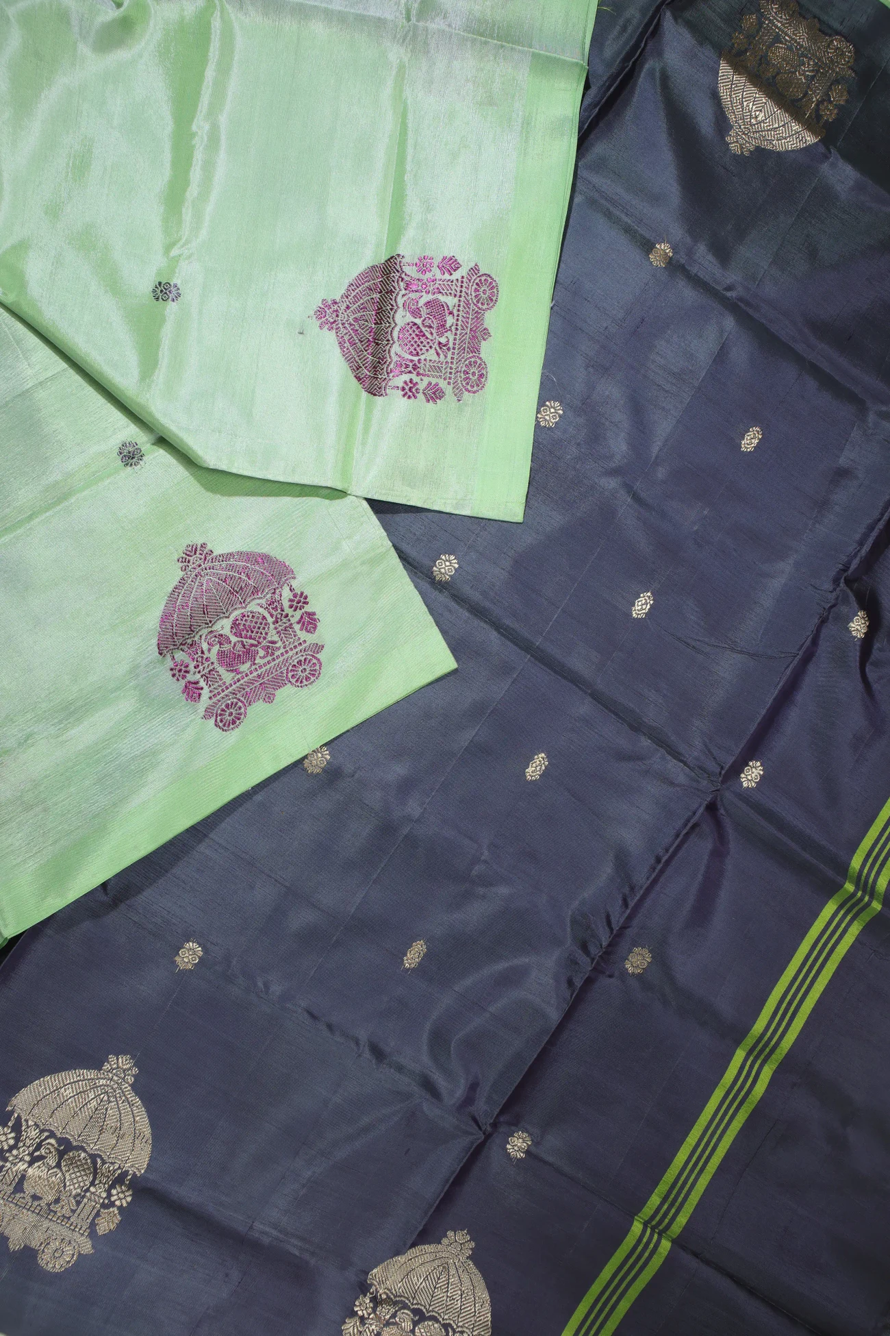 pista-green-peacock-chariot-banana-pith-saree-bps000460-b