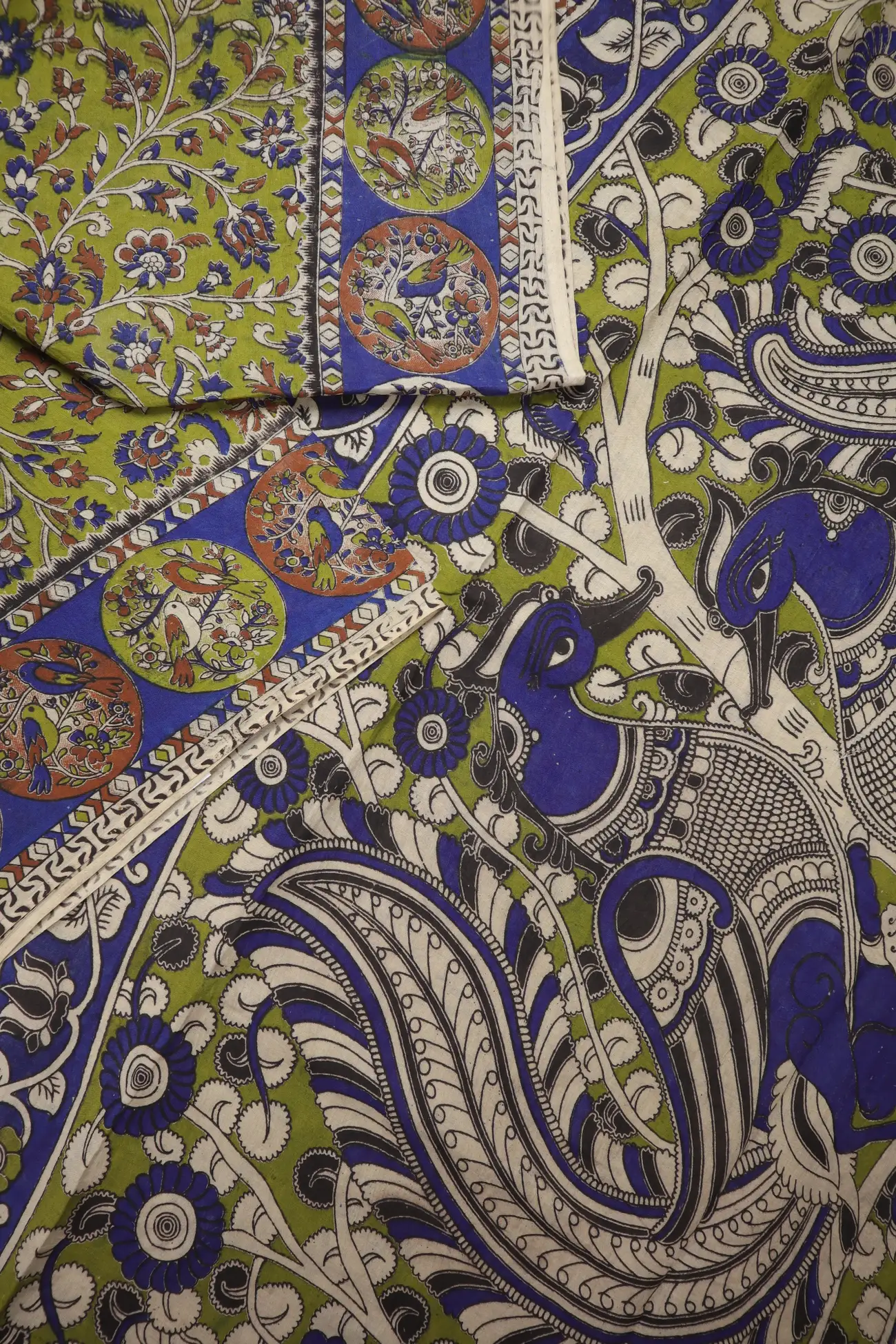 green-bird-flower-kalamkari-saree-kk001367-b