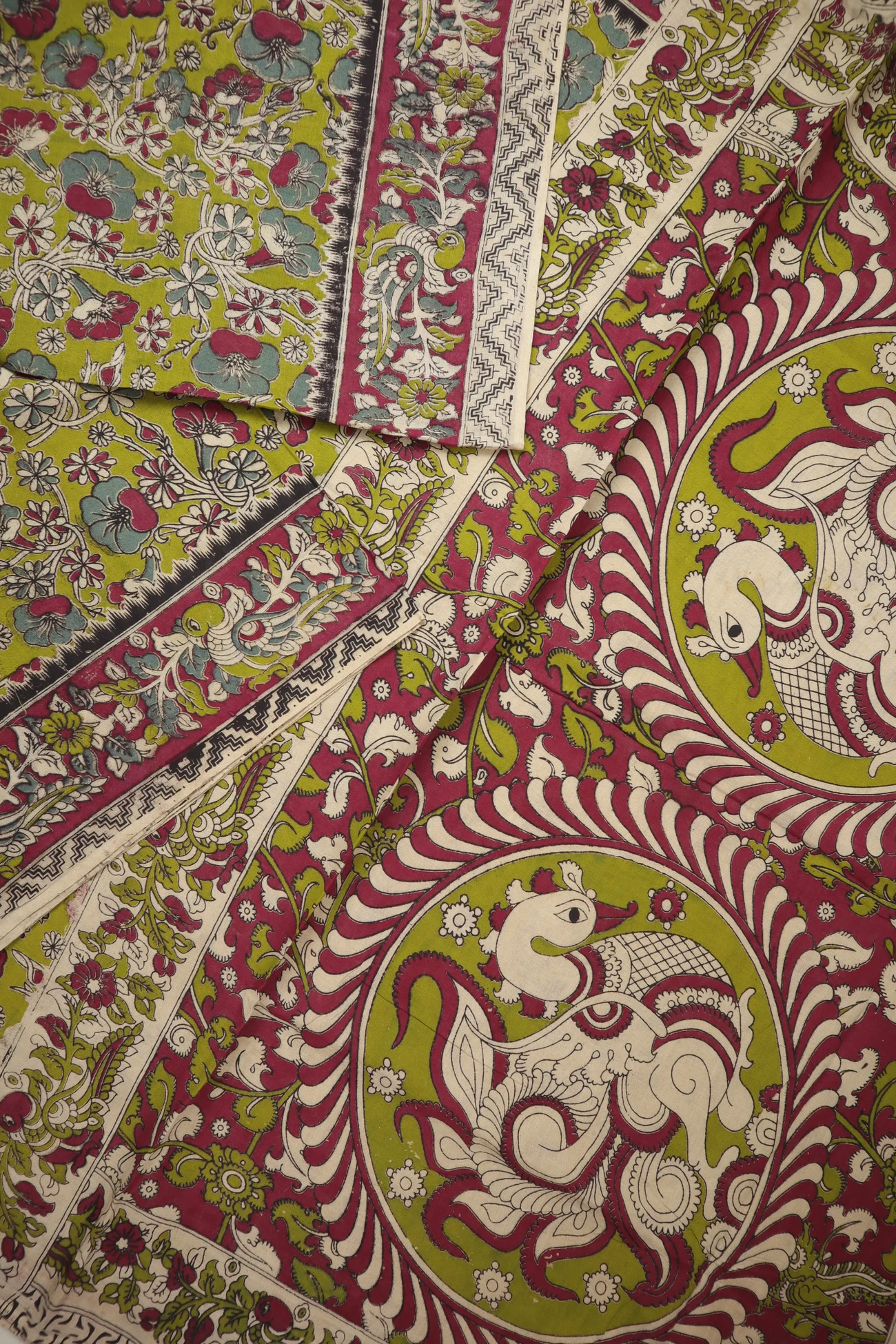 lime-green-peacock-kalamkari-saree-kk001409-b