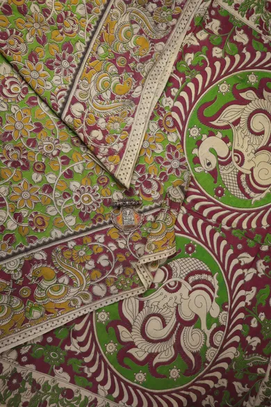 green-flower-peacock-kalamkari-saree-kk001360-a