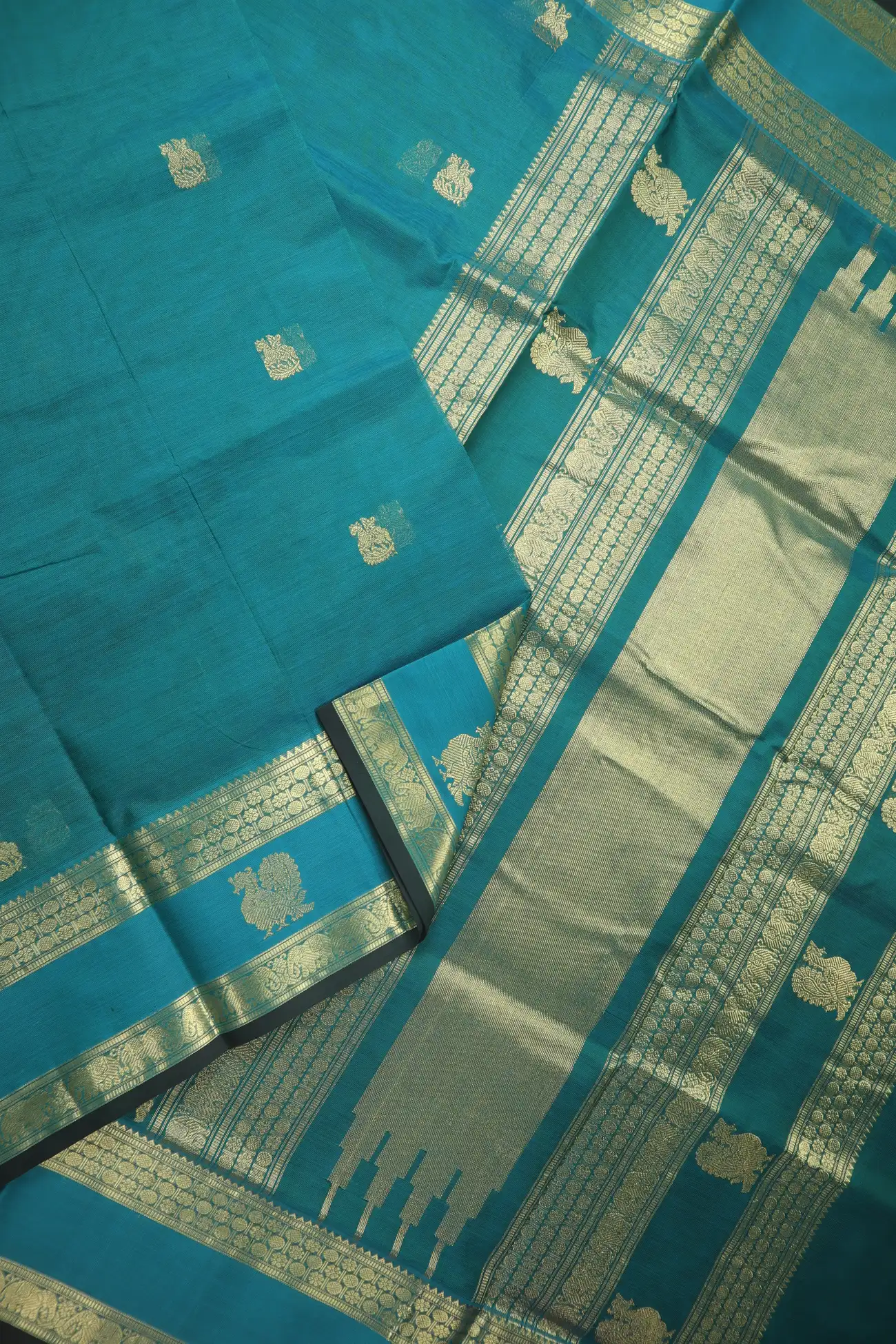 teal-peacock-elephant-flying-horse-kanchi-silk-cotton-saree-sc003121-b