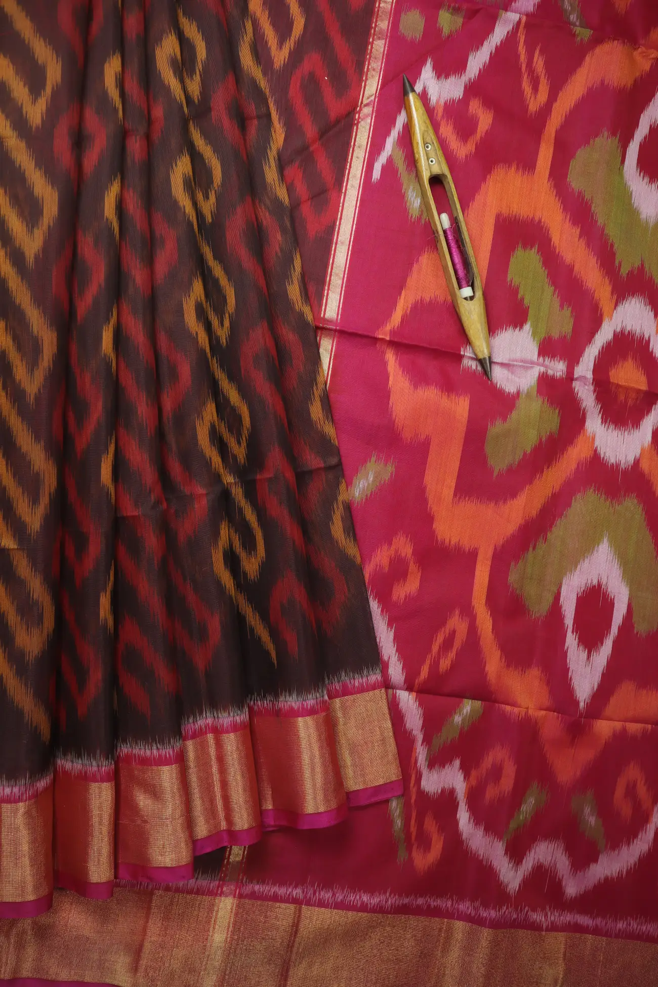 coffee-brown-ikat-pochampally-silk-cotton-saree-sc003144-a