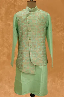 green-raw-silk-bandi-set-with-self-weaving-sw005643-a