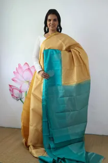 lightweight-silk-saree-with-mustard-and-white-stripes-and-turquoise-green-border-sw00000337-b