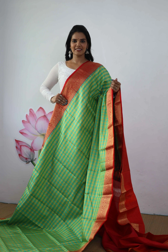 lightweight-silk-saree-in-green-yellow-checks-with-red-border-sw00000351-a