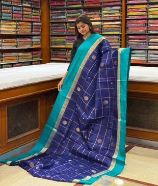 navy-blue-and-turquoise-green-lightweight-silk-saree-with-big-checks-sw00000421-a