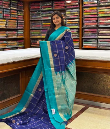 navy-blue-and-turquoise-green-lightweight-silk-saree-with-big-checks-sw00000421-b