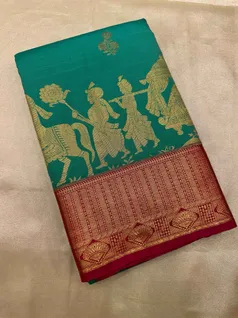 semi-silk-saree-in-turquoise-with-maroon-kalyana-vaibhogam-scenery-border-sw00000513-a