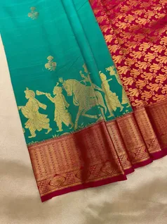 semi-silk-saree-in-turquoise-with-maroon-kalyana-vaibhogam-scenery-border-sw00000513-b