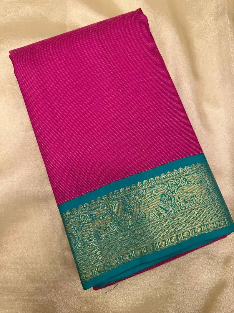 stunning-pure-zari-kanchi-silk-vairaoosi-saree-in-rani-pink-with-peacock-blue-border-sw00000531-a