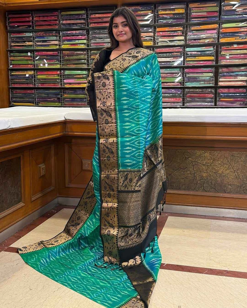 elegant-turquoise-blue-black-pochampally-lightweight-silk-saree-sw00000573-a