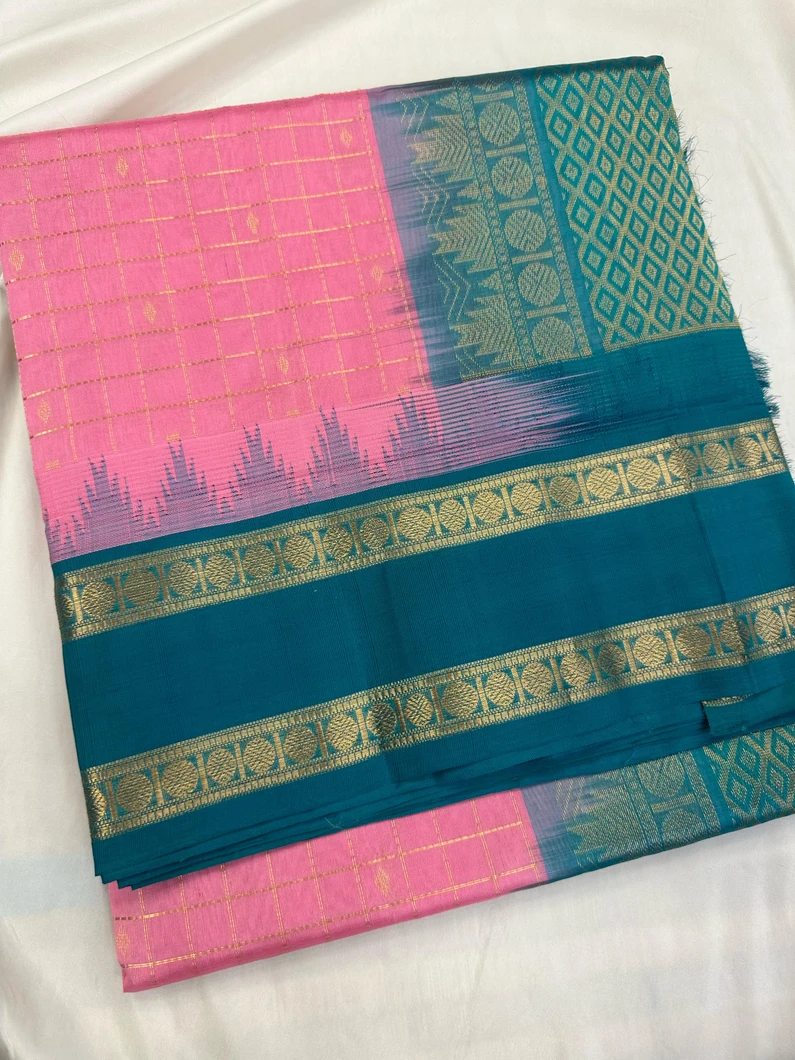silk-cotton-vaira-oosi-saree-baby-pink-turquoise-green-with-golden-checks-sw00000628-a