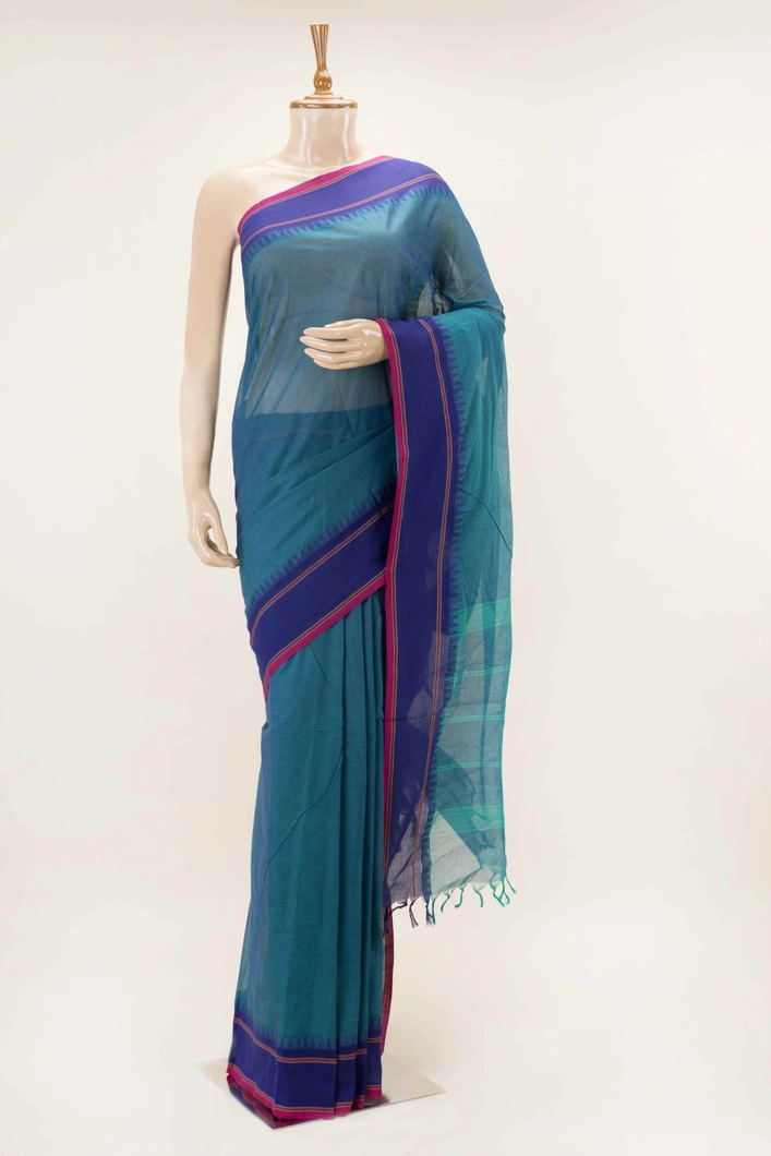 teal-blue-pure-cotton-saree-with-temple-border-in-navy-blue-sw00000696-a