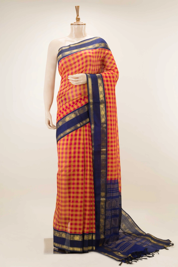 orange-and-pink-checked-silk-cotton-saree-with-navy-blue-zari-border-and-pallu-sw00000720-a