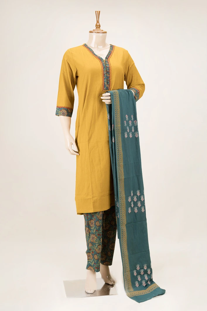 mustard-yellow-cotton-3pc-salwar-suit-with-printed-green-bottom-dupatta-sws00000892-a