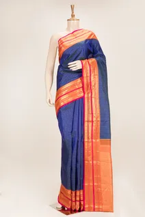pure-kanchi-silk-saree-royal-blue-with-orange-zari-border-checked-pattern-sw00000918-a