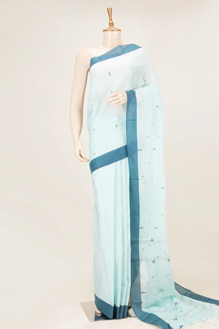 light-blue-bengal-cotton-saree-with-geometric-motifs-teal-border-sw00000961-a