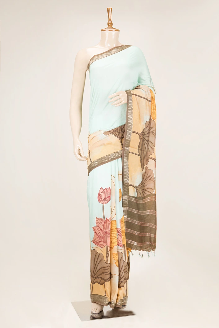 light-blue-soft-cotton-saree-with-mehendi-green-border-lotus-prints-sw00000970-a
