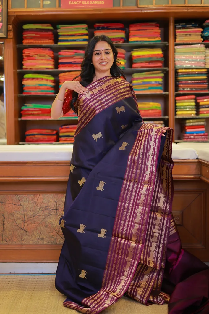 navy-blue-lightweight-silk-saree-with-purple-big-border-pichwai-prints-sw000001524-a