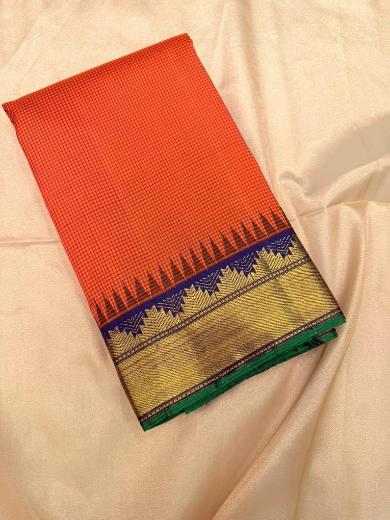 pure-kanchi-silk-saree-orange-with-tiny-checks-and-navy-blue-border-sw000001603-a