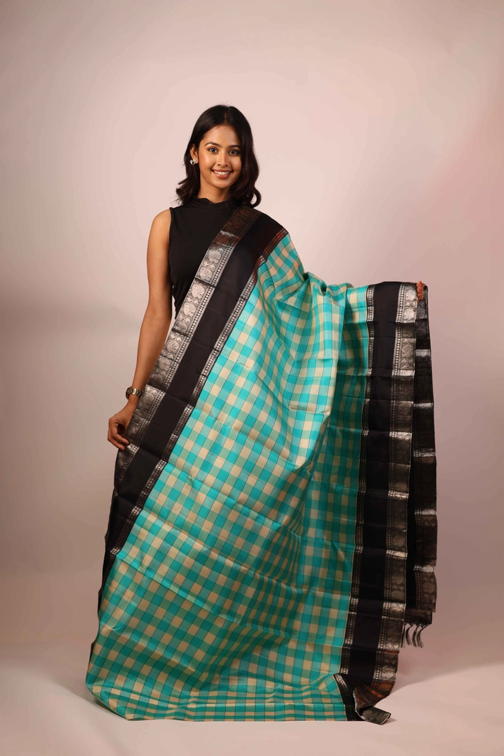 lightweight-silk-saree-in-white-and-blue-checks-with-black-rettai-pettu-border-sw00000221-a