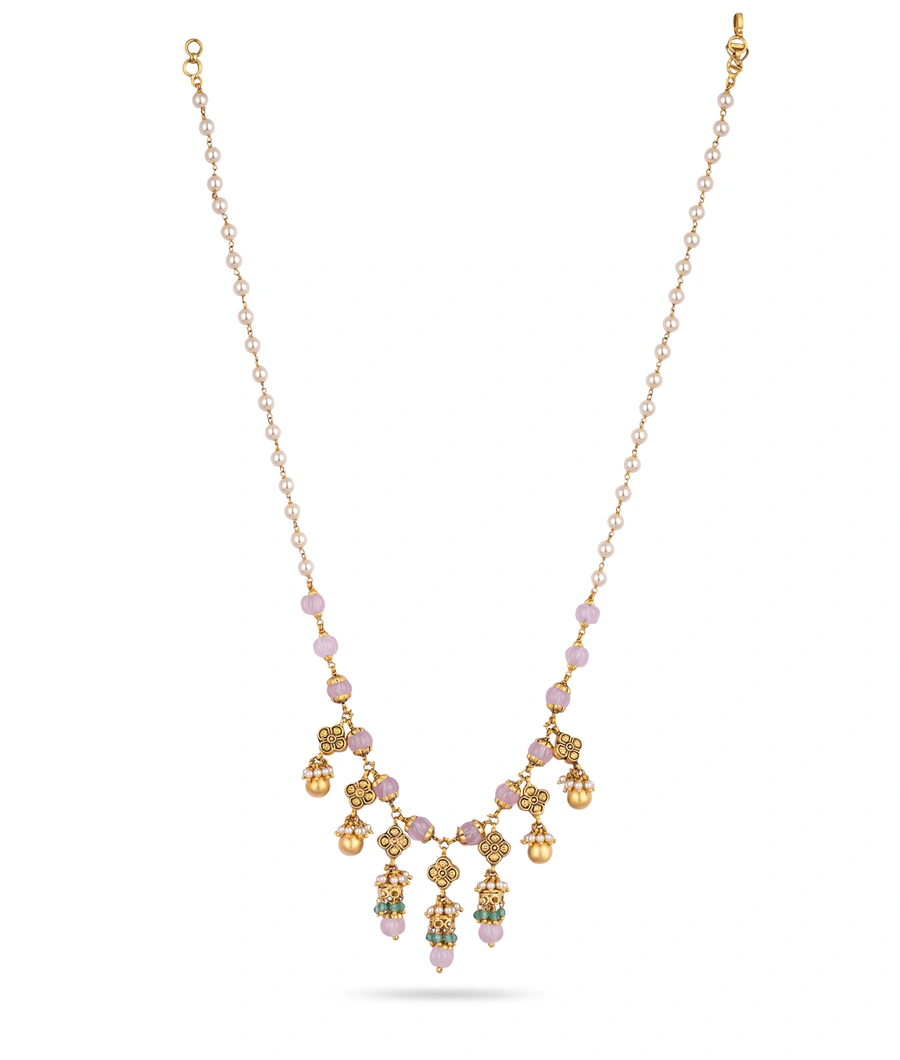 gold-plated-necklace-with-pink-stone-beads-and-pearl-chain-abm0011-a