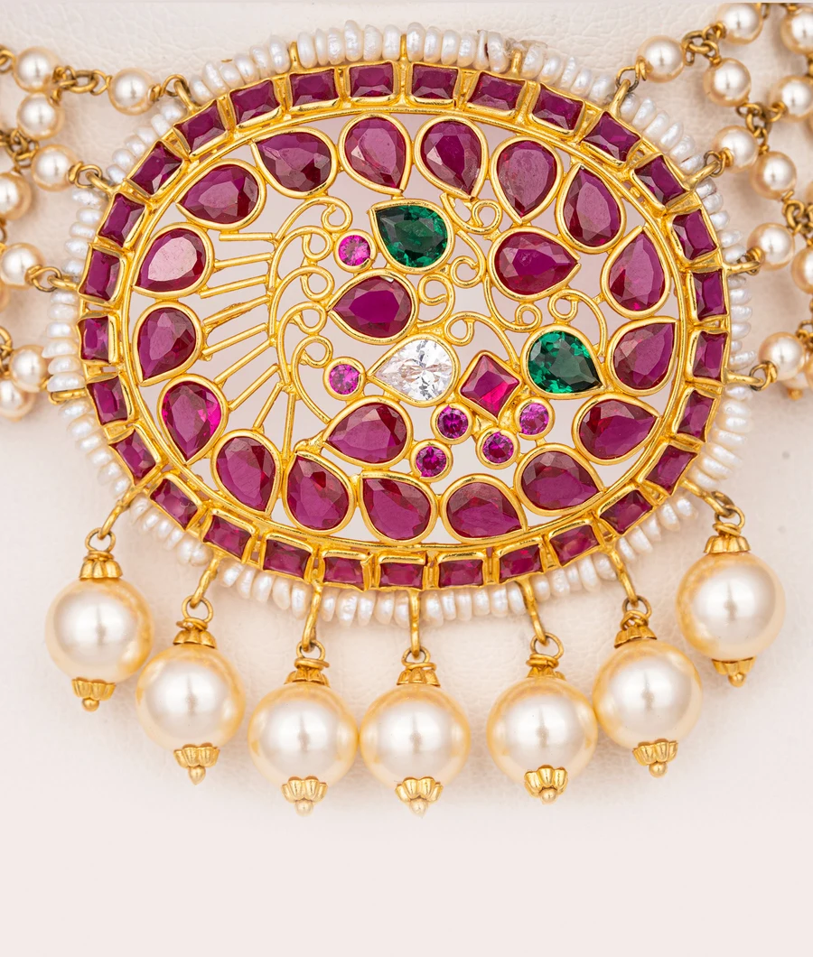 multi-layered-pearl-choker-with-a-gemstone-pendant-lwneck0014-b